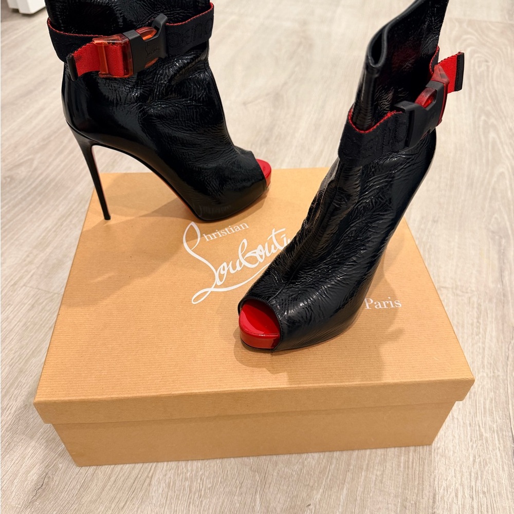 Christian Louboutin Black and Red Peep-Toe Heeled Boots